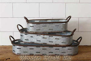 Galvanized Metal Olive Tray with Handles, Farmhouse Table Centerpiece Decor, Small, Medium, Large, or Set of 3 - Wooden Hearts Inc