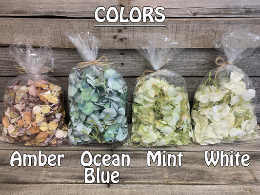 1 BAG FLOWER Petals Hydrangea *Great for Weddings, Crafts, and more! *Blue Green Amber White - Wooden Hearts Inc