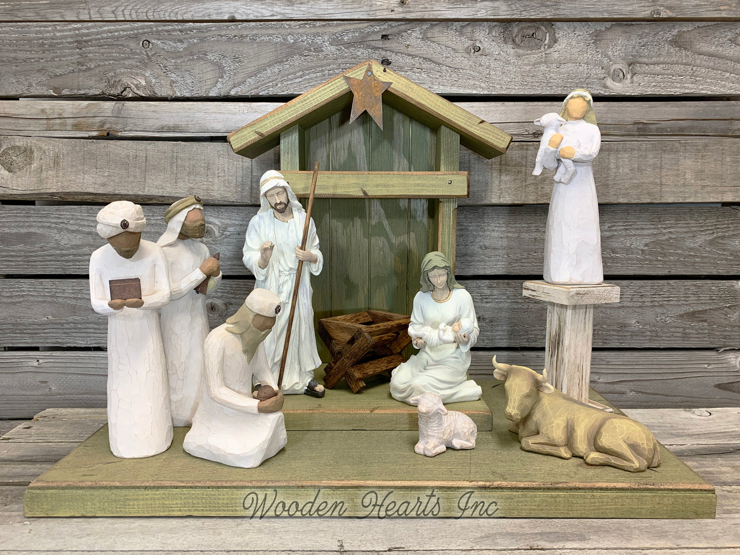 STABLE WOODEN Creche *Nativity Christmas Decor  ***GREEN*** - Wooden Hearts Inc