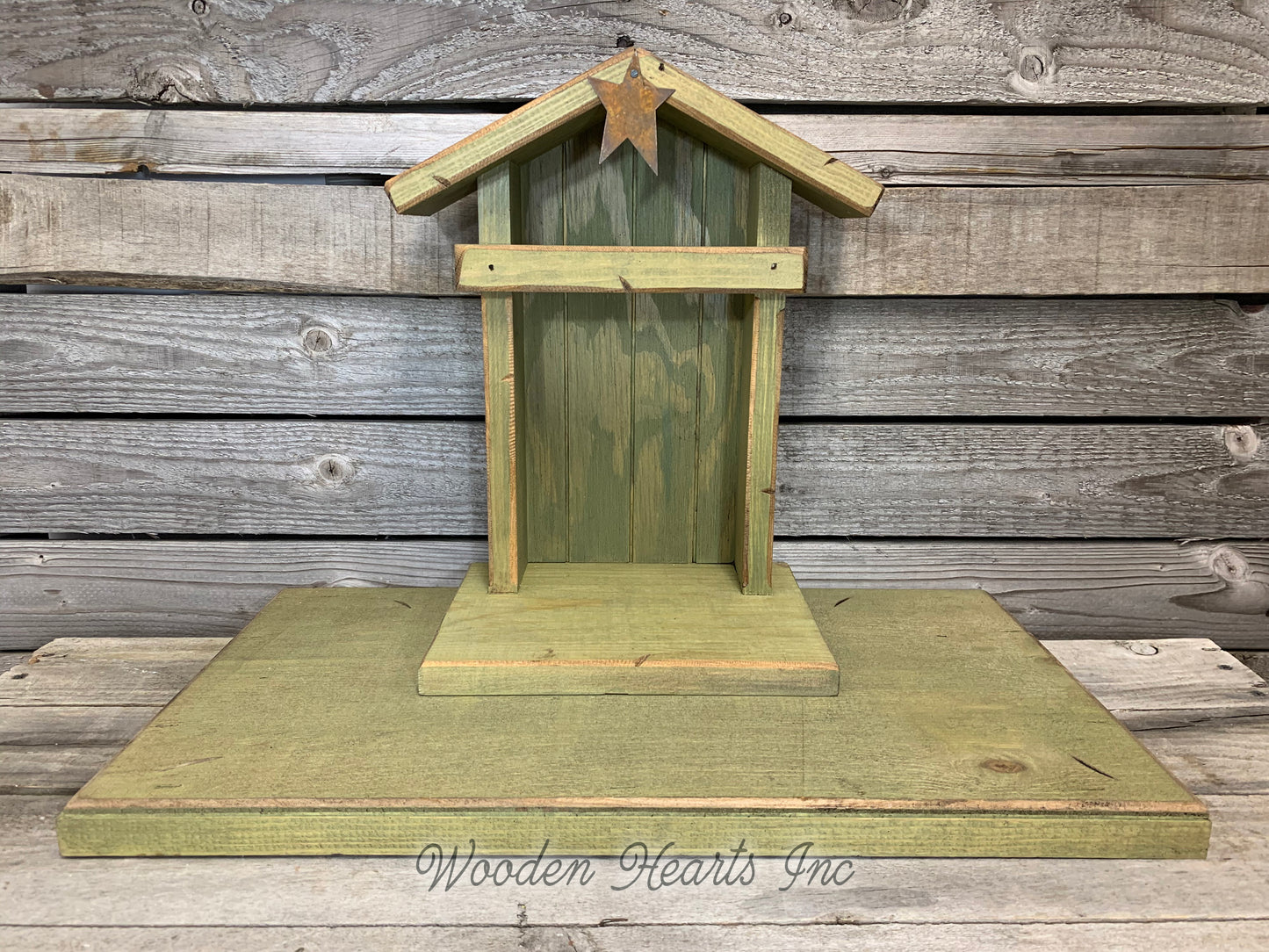 STABLE WOODEN Creche *Nativity Christmas Decor  ***GREEN*** - Wooden Hearts Inc