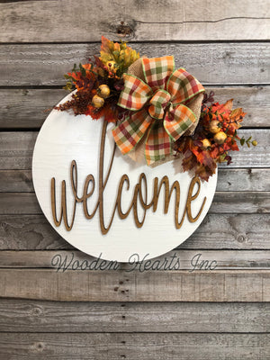 FALL Door hanger Wreath WELCOME Wood Round Sign 16" 3D Wood Lettering Bow Leaves Distressed - Wooden Hearts Inc
