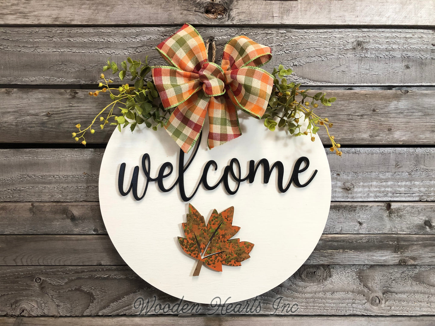 FALL Welcome Season Changer + Interchangeable piece Door Hanger Wreath Custom 14" Round Sign - Wooden Hearts Inc