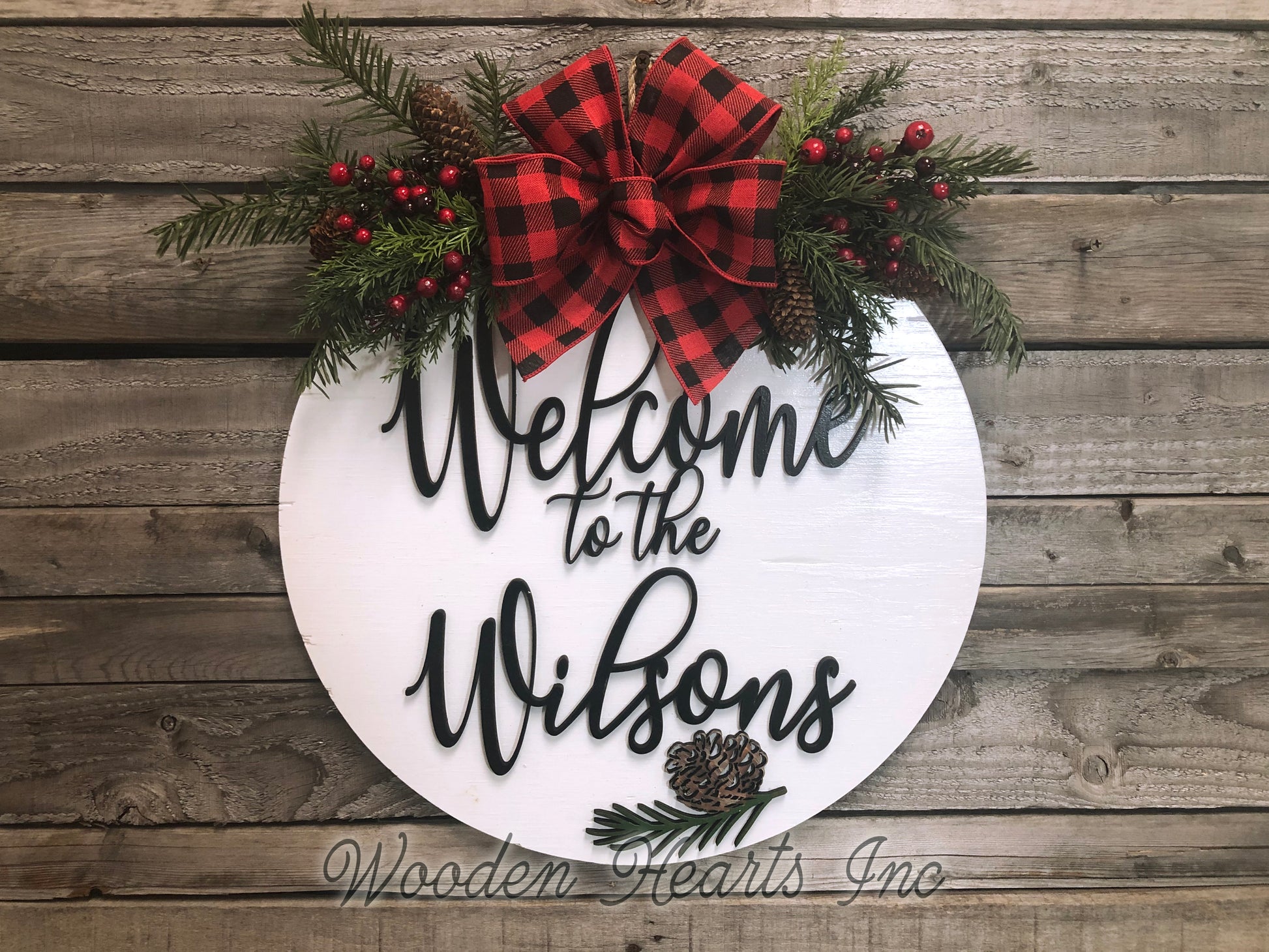 Personalized Christmas Door Hanger Happy Holidays, Wreath Custom Last Name 16" Round Sign - Wooden Hearts Inc