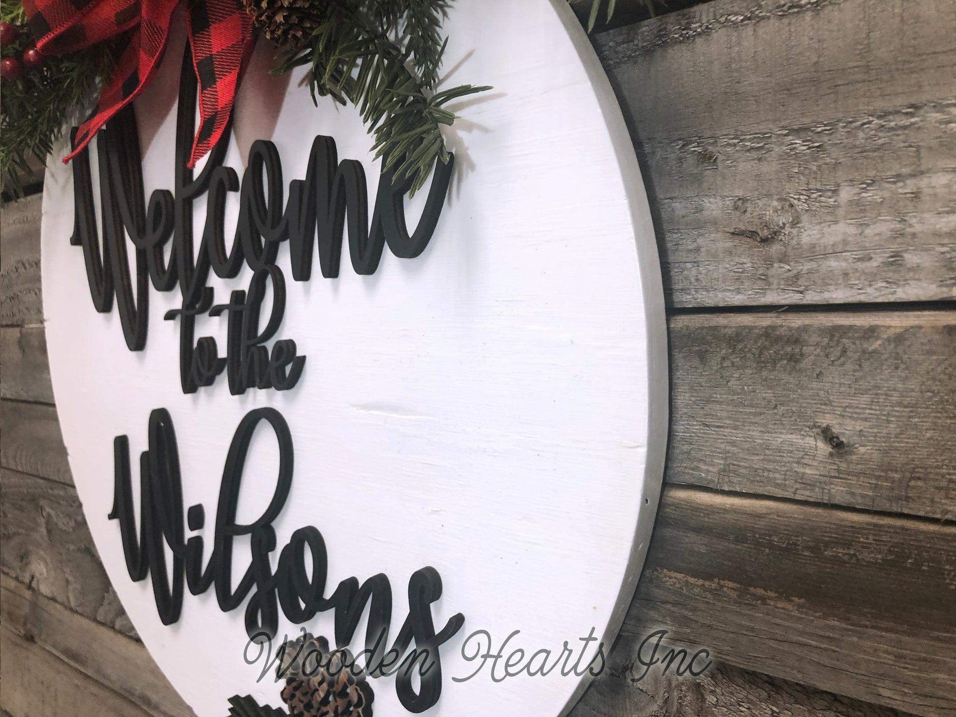 Personalized Christmas Door Hanger Happy Holidays, Wreath Custom Last Name 16" Round Sign - Wooden Hearts Inc