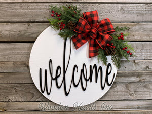 Welcome Christmas Door Hanger Wreath with Pine Berries Greenery and Bow 16" Round Sign - Wooden Hearts Inc
